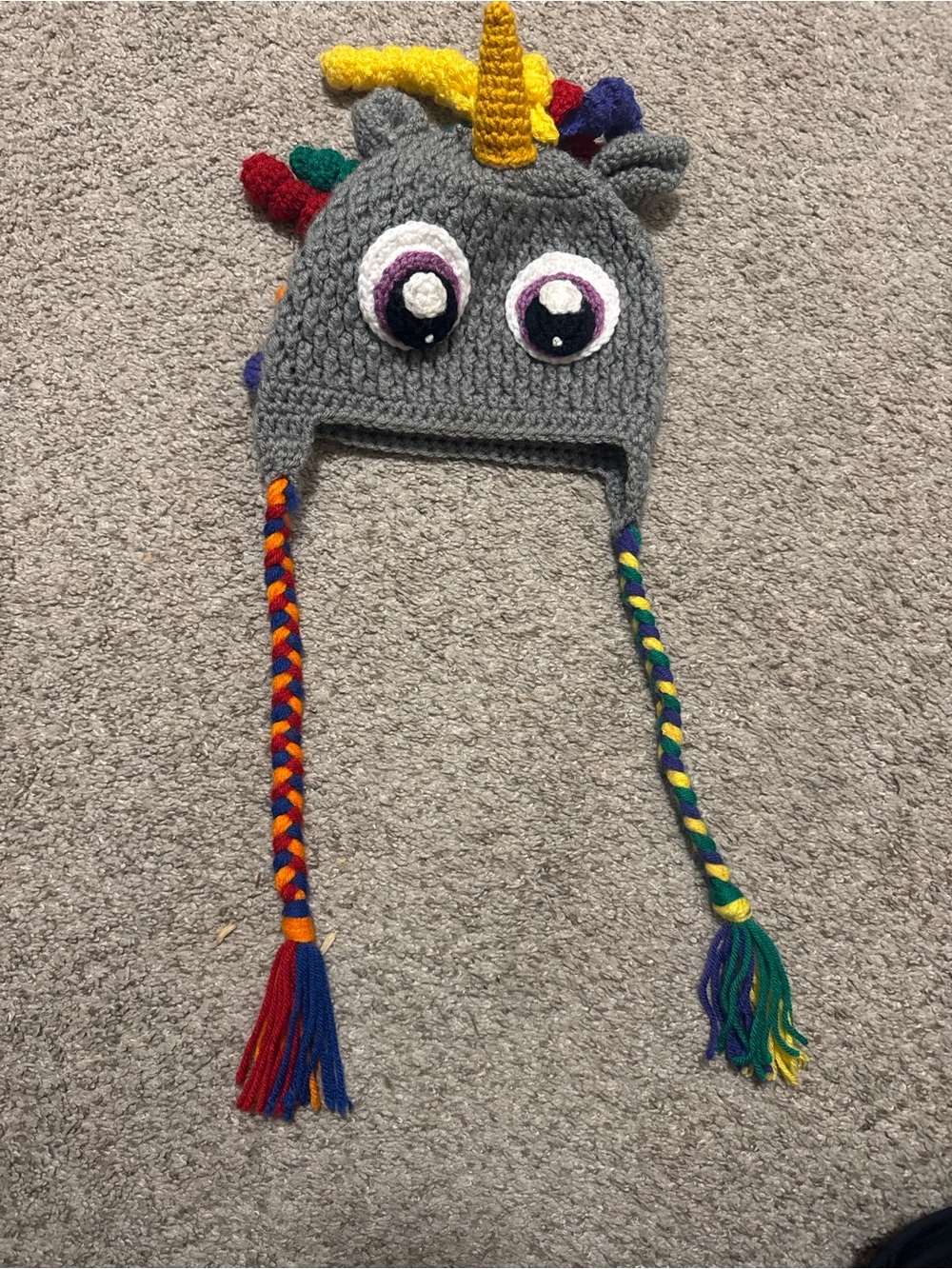 Gray Kids Unicorn Knit Hat with Yellow Horn and Rainbow Accents